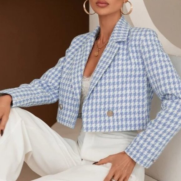 MODA ME COUTURE Jackets & Blazers - Classic Tweed Houndstooth Double Breasted Blazer Blue